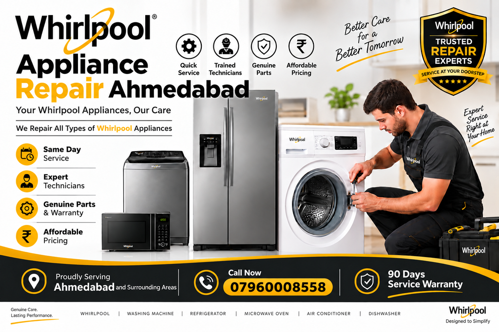 We Provide Professional And Reliable Whirlpool Appliance Repair Services Across Ahmedabad. Our Trained And Experienced Technicians Are Skilled In Repairing A Wide Range Of Whirlpool Home Appliances, Including Washing Machines, Refrigerators, Air Conditioners, Microwave Ovens, Dishwashers, Deep Freezers, And More. Whirlpool Appliance Repair Ahmedabad
